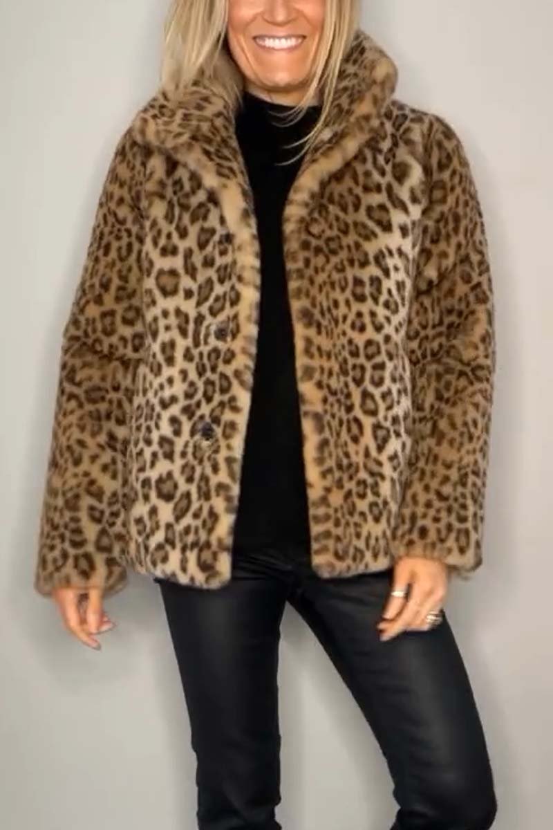 Manteau Court d'Hiver à Revers Imprimé Léopard en Fausse Fourrure pour Femmes