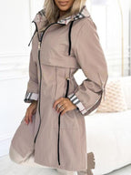 Manteau Long Décontracté à Capuche Zippé avec Cordon de Serrage et Imprimé Carreaux pour Femme - XS-3XL
