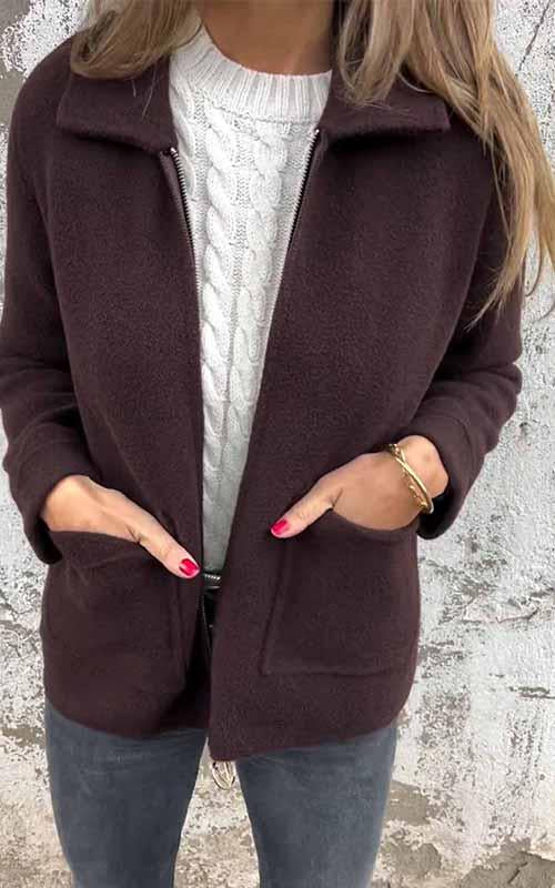 Veste zippée unie à revers pour femmes