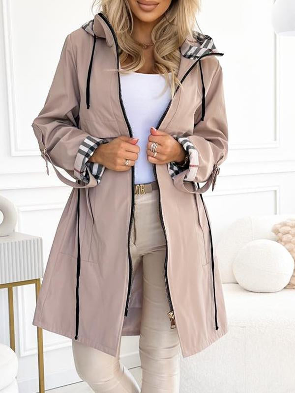 Manteau Long Décontracté à Capuche Zippé avec Cordon de Serrage et Imprimé Carreaux pour Femme - XS-3XL