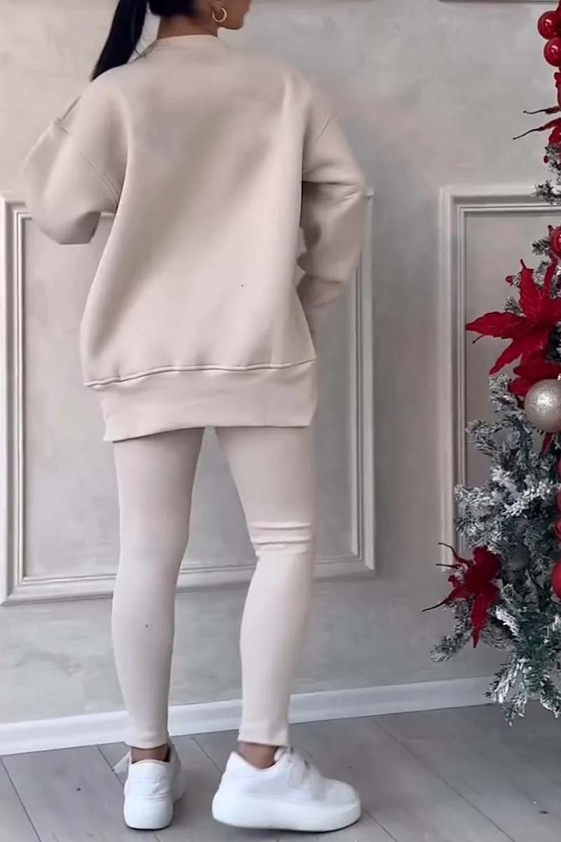 (SANS IMPRESSION AU DOS) Ensemble legging et sweat-shirt décontracté pour femme, col rond, manches longues, ourlet fendu, couleur unie