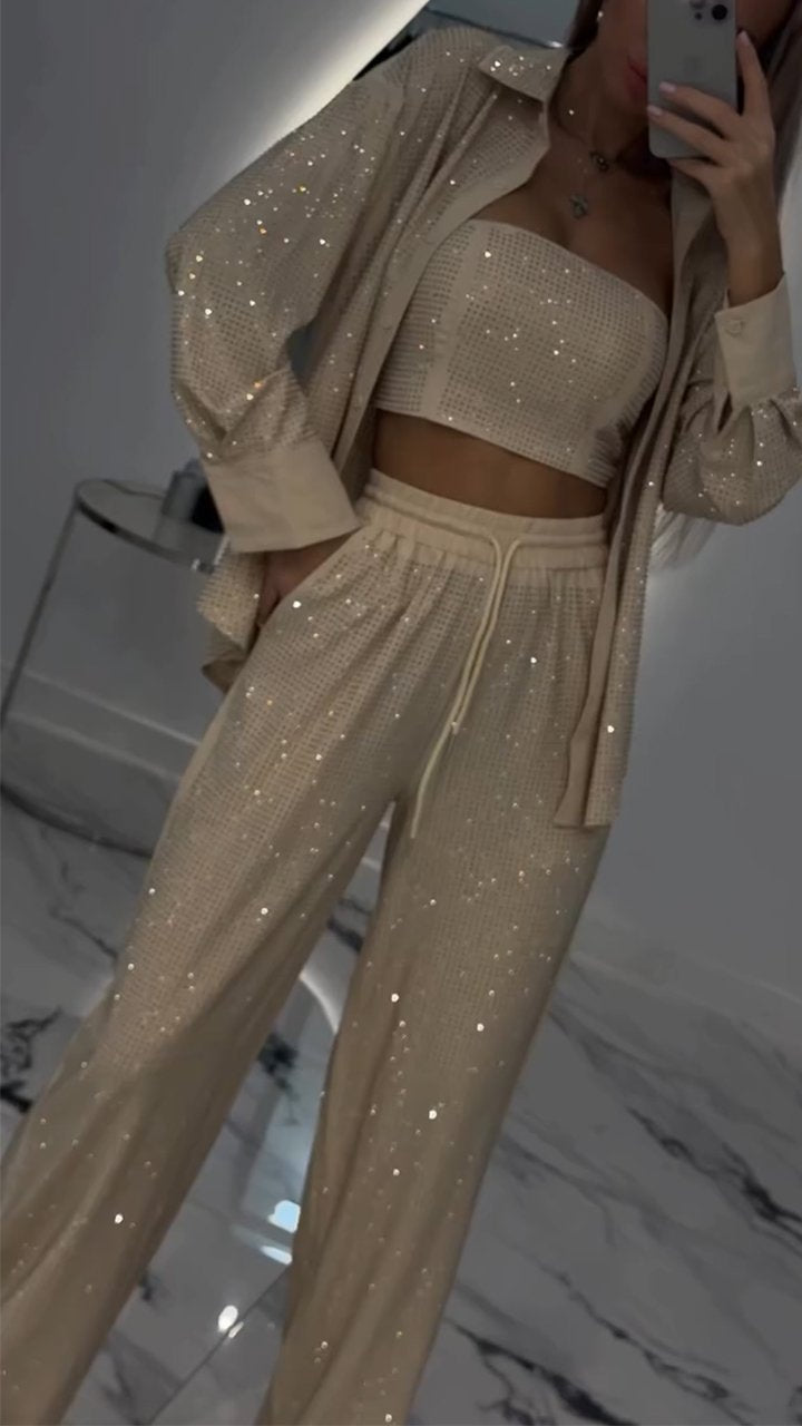 Ensemble décontracté trois pièces à revers et strass pour femme