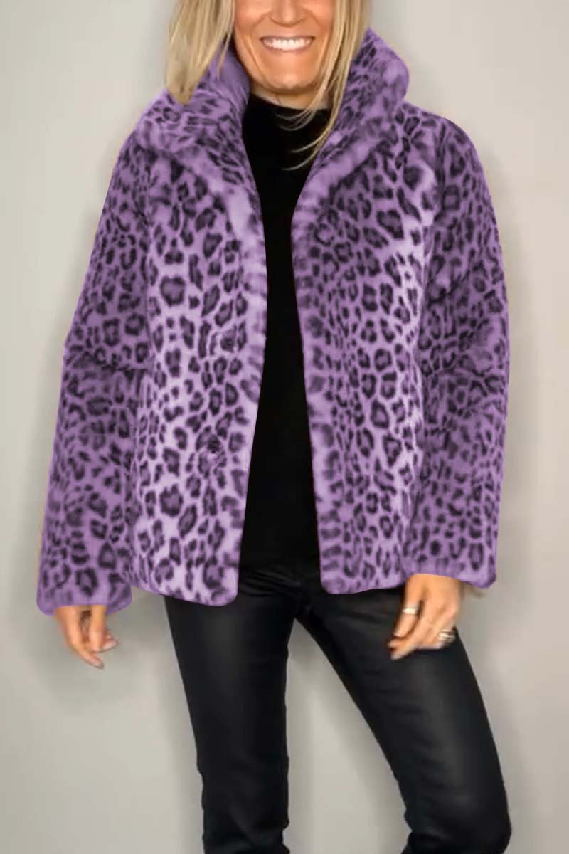 Manteau Court d'Hiver à Revers Imprimé Léopard en Fausse Fourrure pour Femmes