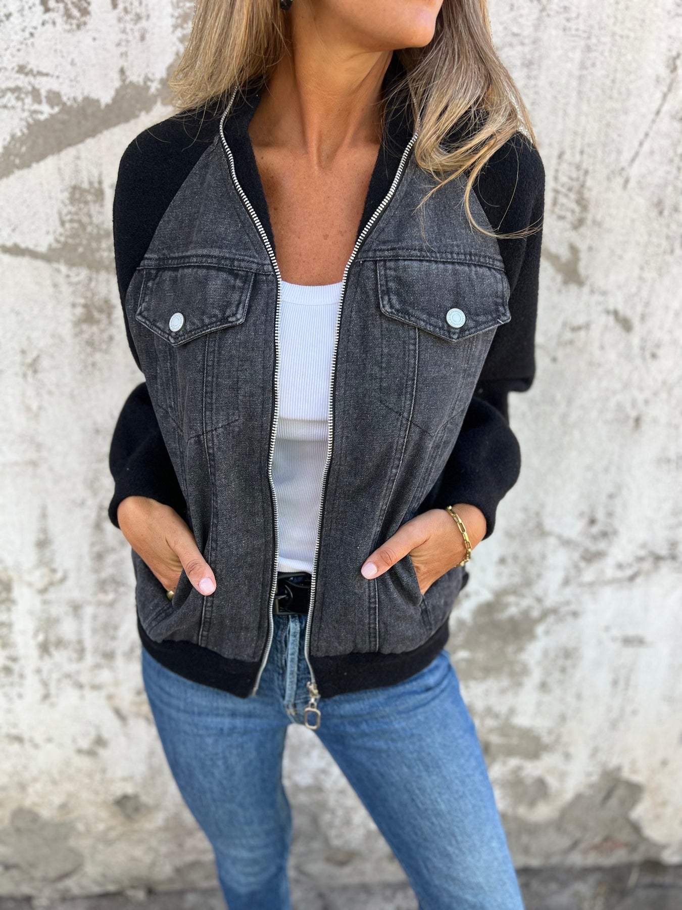 Veste zippée décontractée à col en V