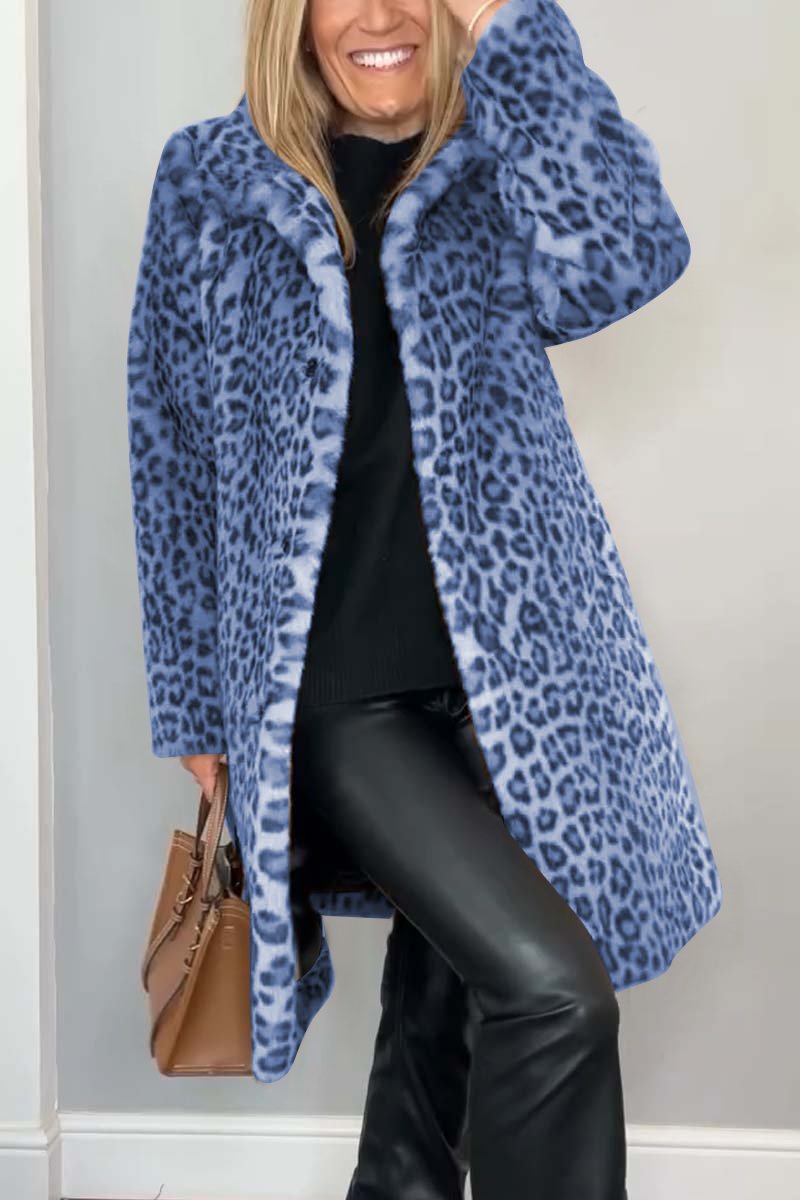 Manteau d'hiver mi-long léopard élégant pour femme avec revers en fausse fourrure
