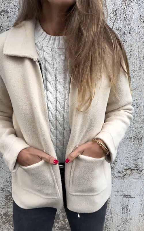 Veste zippée unie à revers pour femmes