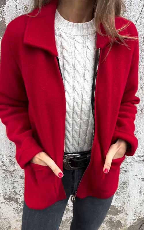 Veste zippée unie à revers pour femmes