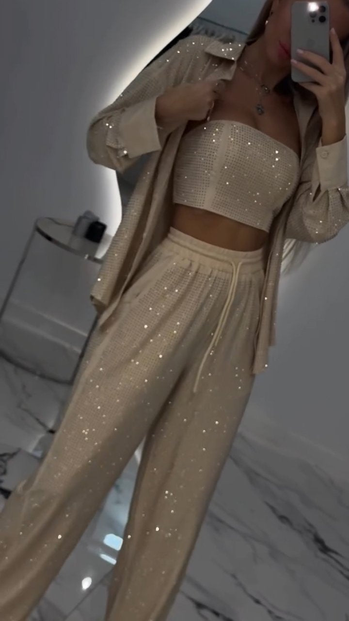 Ensemble décontracté trois pièces à revers et strass pour femme