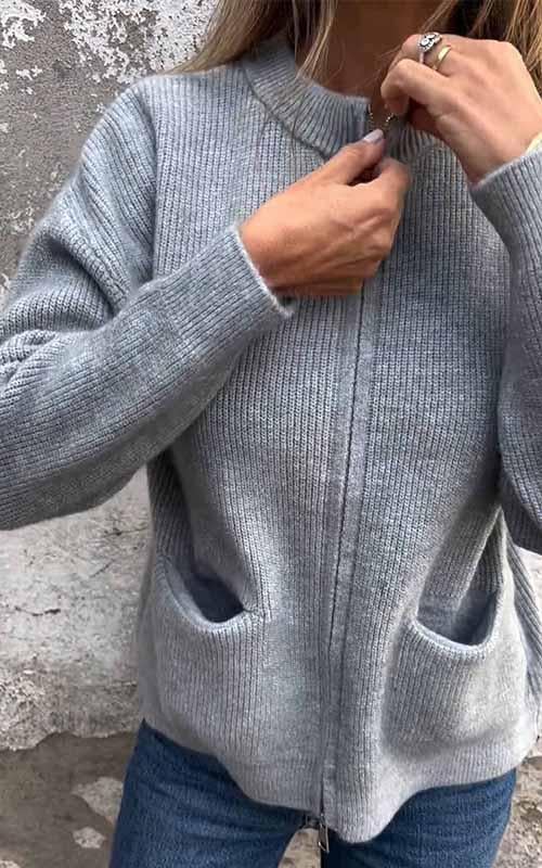 Veste en tricot zippée à col rond pour femme