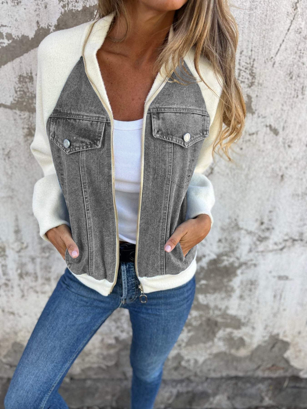 Veste zippée décontractée à col en V