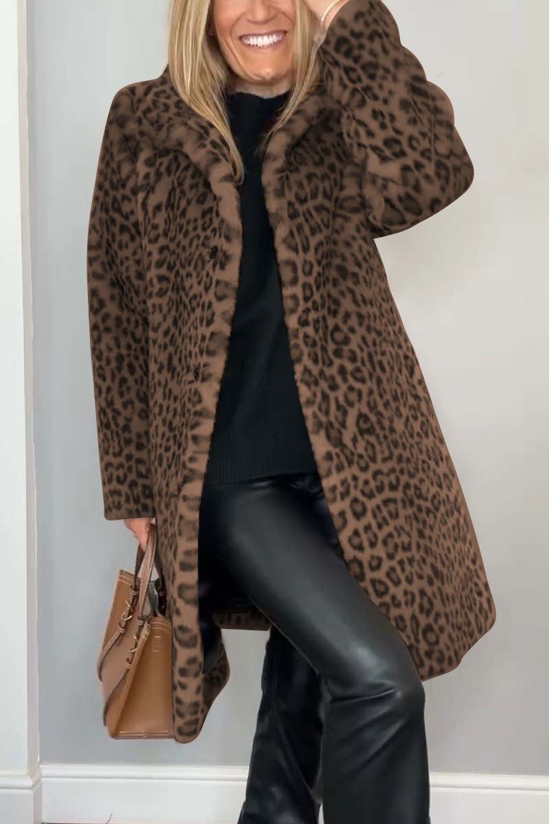 Manteau d'hiver mi-long léopard élégant pour femme avec revers en fausse fourrure