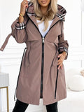Manteau Long Décontracté à Capuche Zippé avec Cordon de Serrage et Imprimé Carreaux pour Femme - XS-3XL