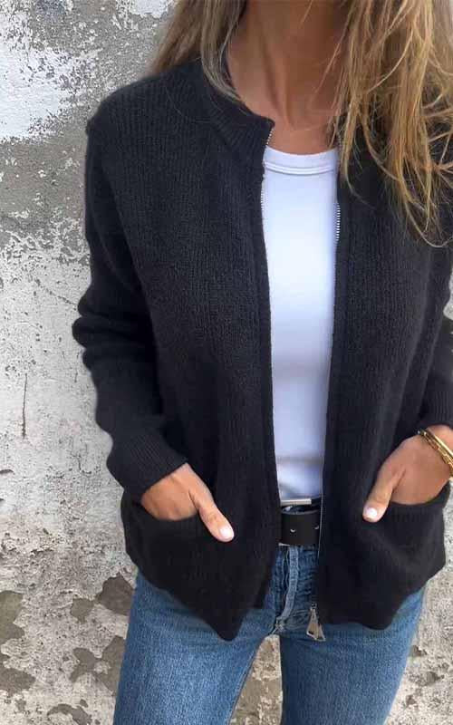 Veste en tricot zippée à col rond pour femme