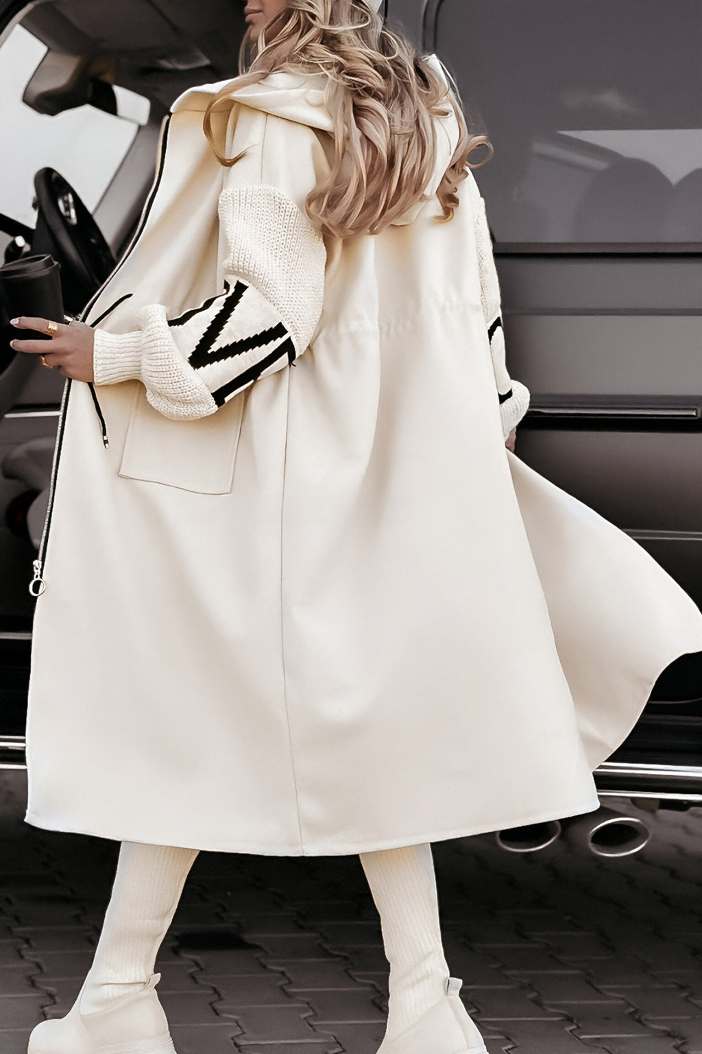 Giacca casual da donna con cappuccio a maniche lunghe in maglia a patchwork