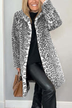Manteau d'hiver mi-long léopard élégant pour femme avec revers en fausse fourrure