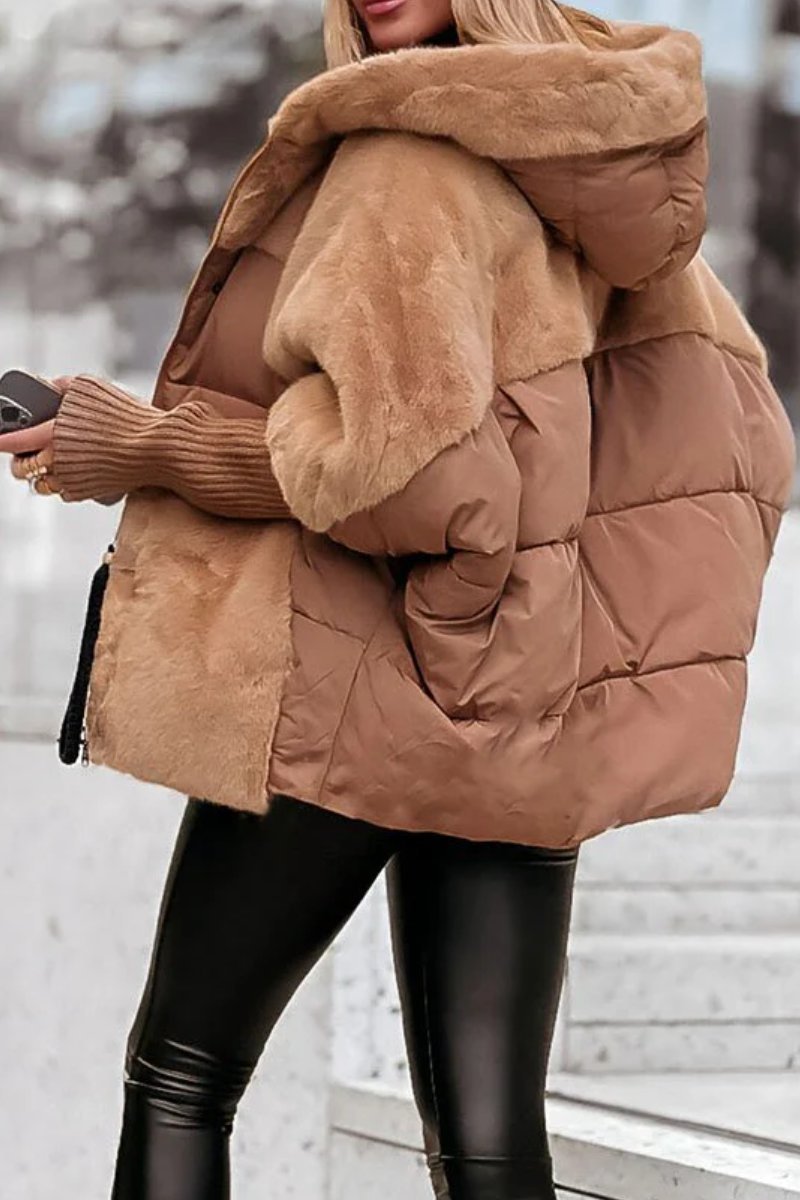 Manteau d'hiver décontracté à capuche et manches longues en patchwork de fourrure pour femmes