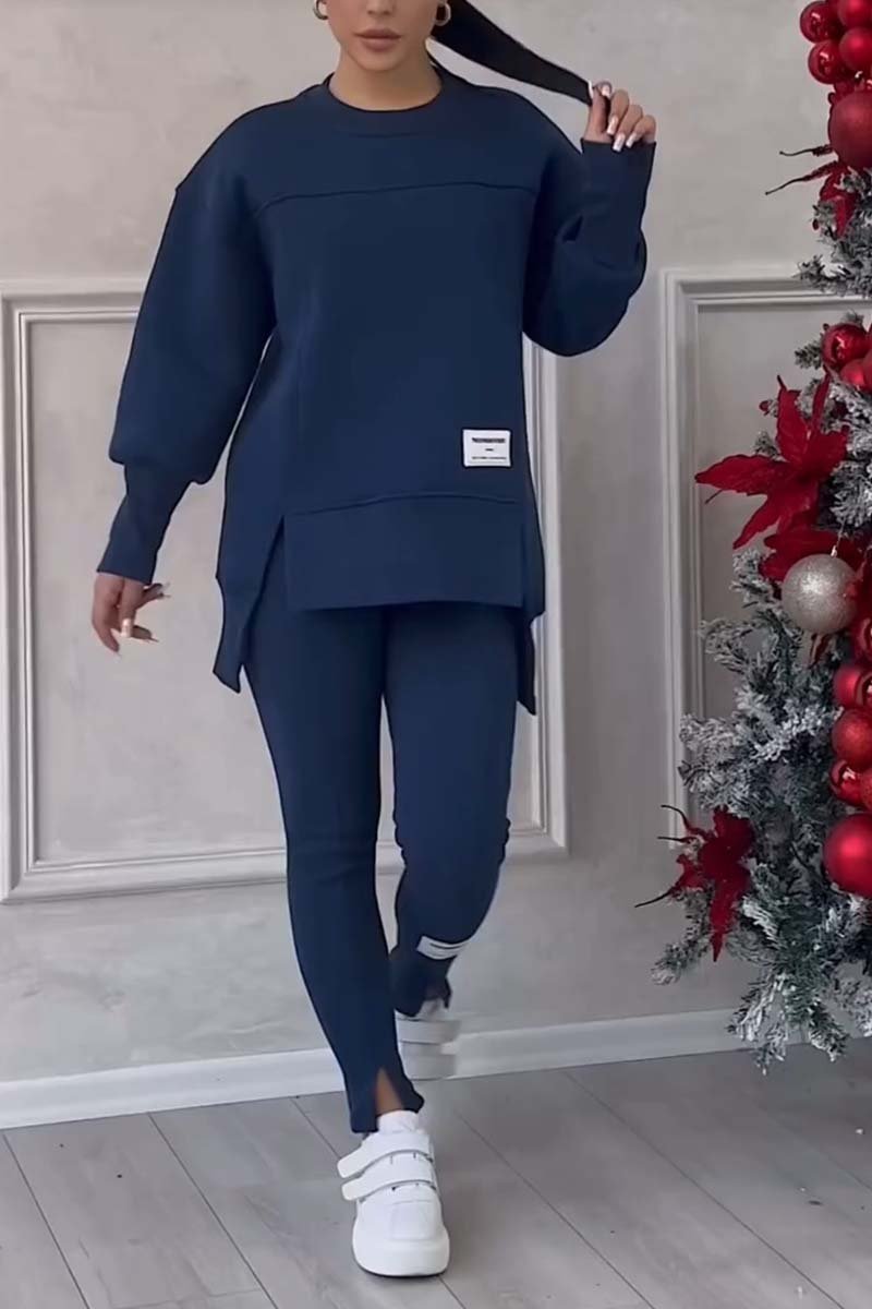 (SANS IMPRESSION AU DOS) Ensemble legging et sweat-shirt décontracté pour femme, col rond, manches longues, ourlet fendu, couleur unie