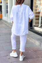 Ensemble décontracté femme : haut en coton et lin imprimé lettre + pantalon