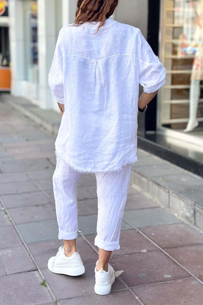 Ensemble décontracté femme : haut en coton et lin imprimé lettre + pantalon