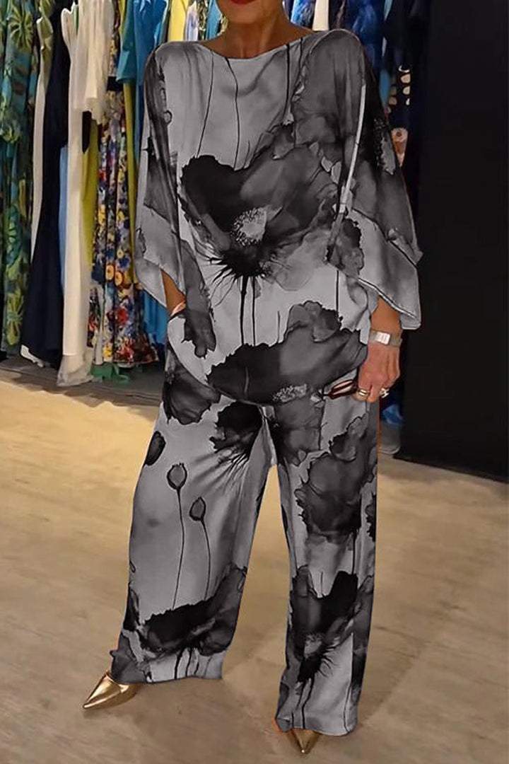 Ensemble décontracté en satin imprimé à col rond