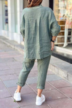 Ensemble décontracté femme : haut en coton et lin imprimé lettre + pantalon