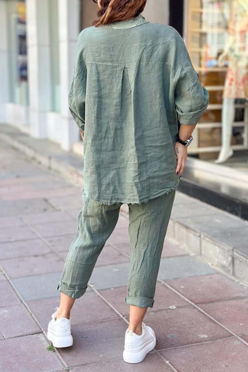 Ensemble décontracté femme : haut en coton et lin imprimé lettre + pantalon