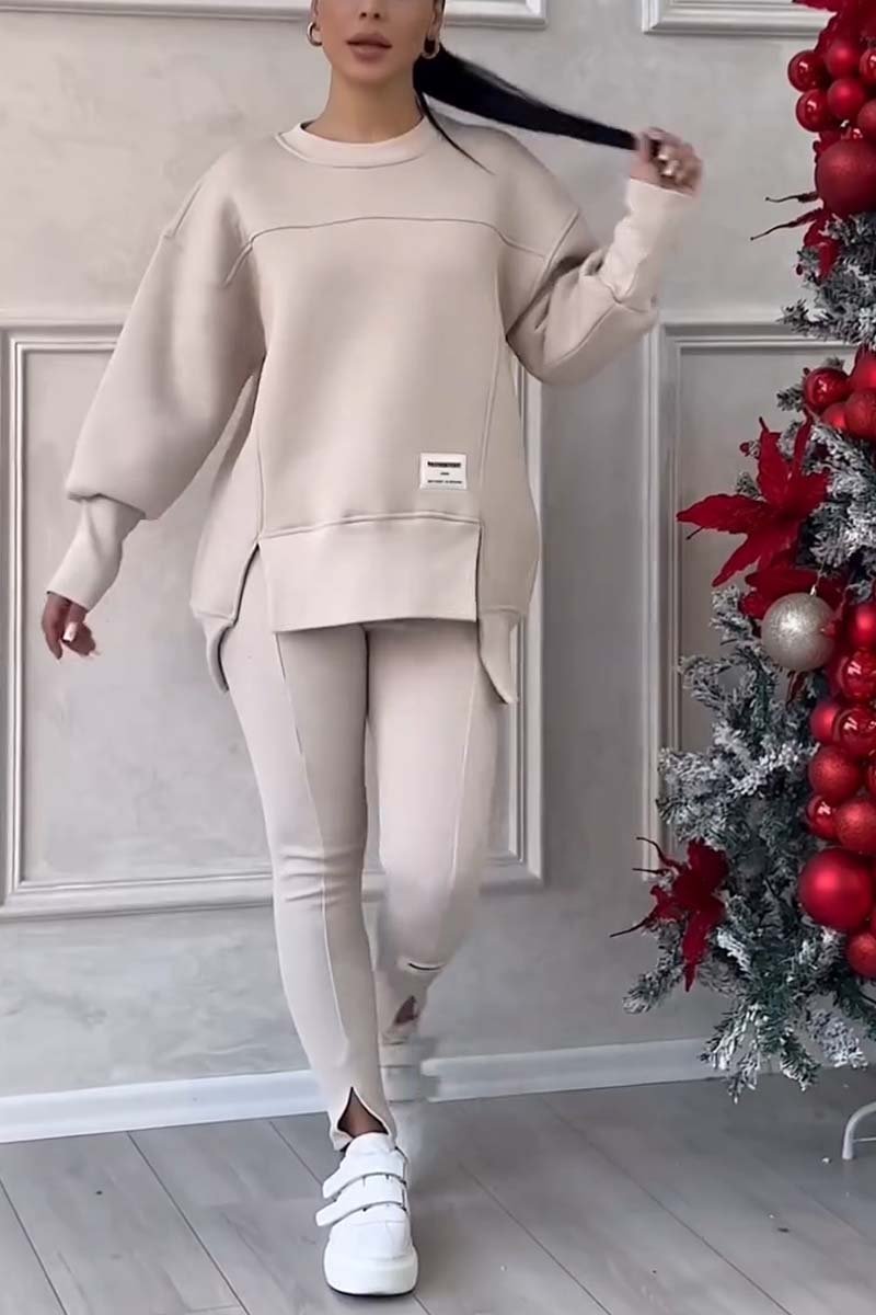 (SANS IMPRESSION AU DOS) Ensemble legging et sweat-shirt décontracté pour femme, col rond, manches longues, ourlet fendu, couleur unie
