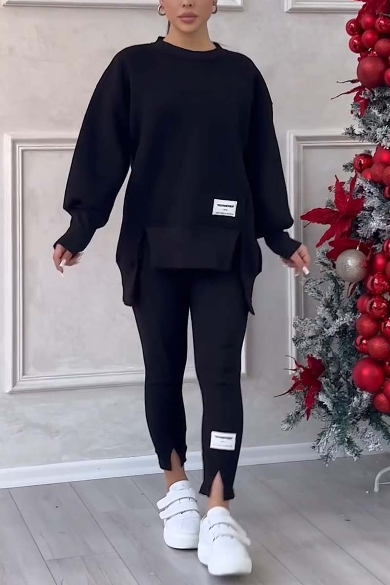 (SANS IMPRESSION AU DOS) Ensemble legging et sweat-shirt décontracté pour femme, col rond, manches longues, ourlet fendu, couleur unie