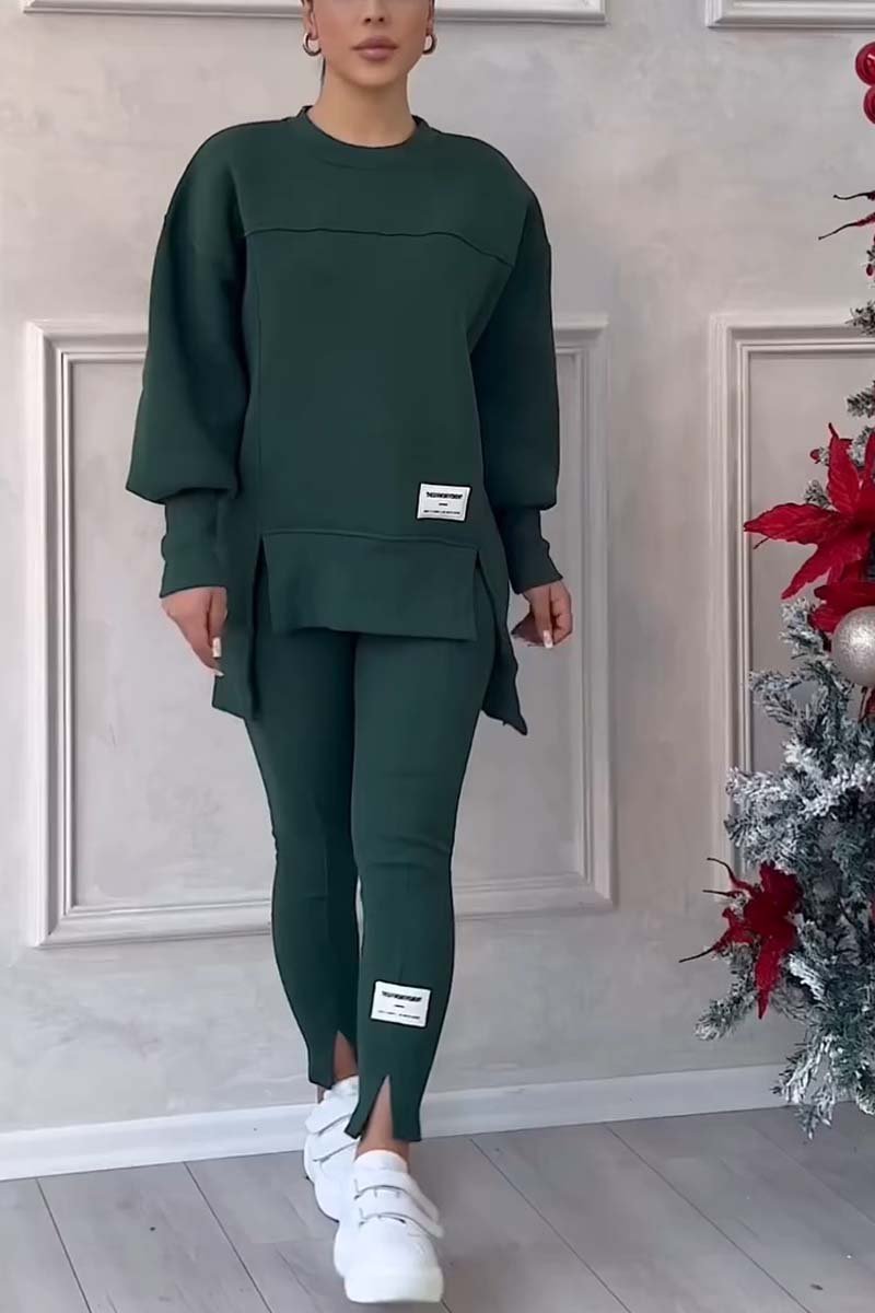 (SANS IMPRESSION AU DOS) Ensemble legging et sweat-shirt décontracté pour femme, col rond, manches longues, ourlet fendu, couleur unie