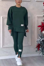 (SANS IMPRESSION AU DOS) Ensemble legging et sweat-shirt décontracté pour femme, col rond, manches longues, ourlet fendu, couleur unie