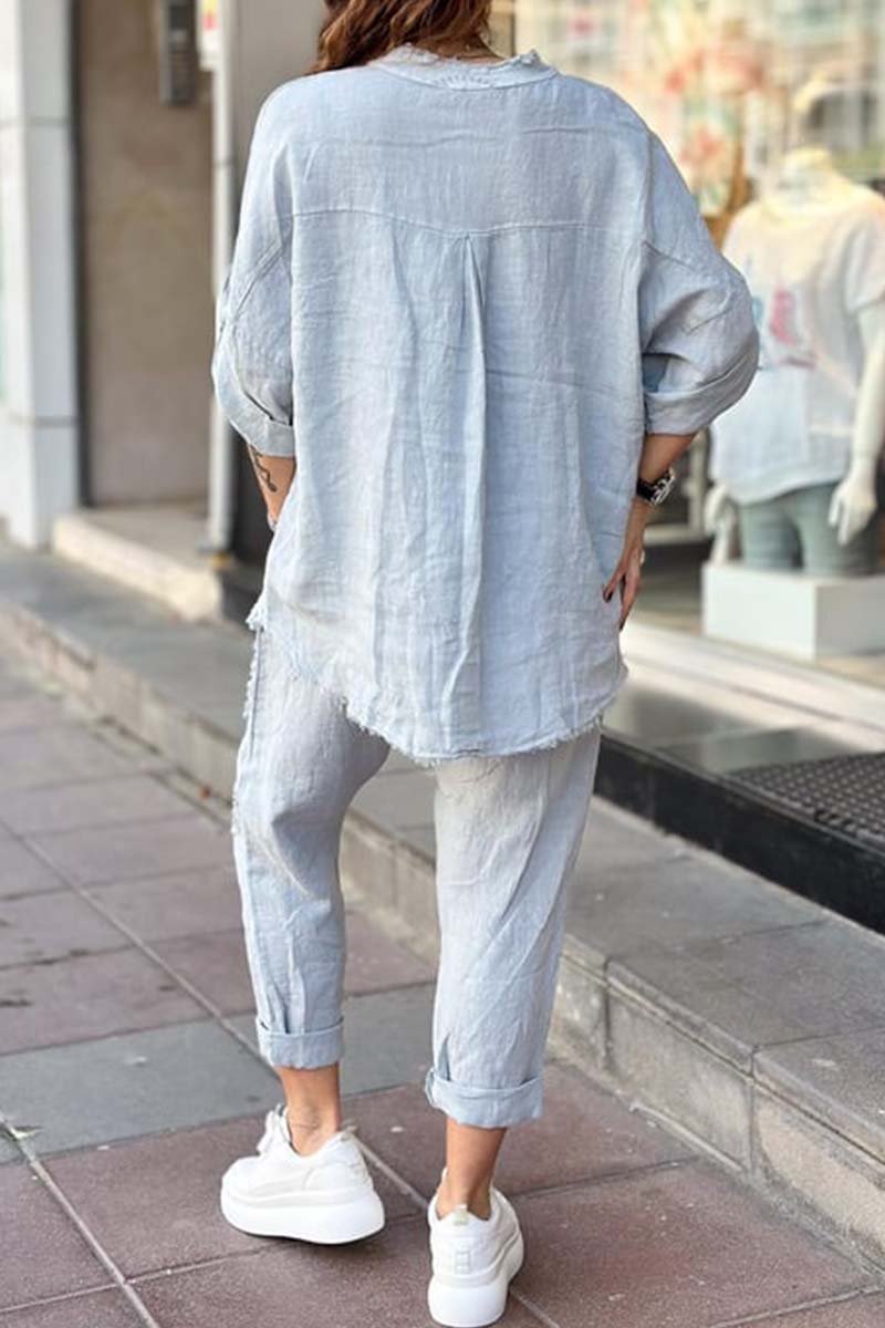 Ensemble décontracté femme : haut en coton et lin imprimé lettre + pantalon