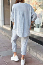 Ensemble décontracté femme : haut en coton et lin imprimé lettre + pantalon