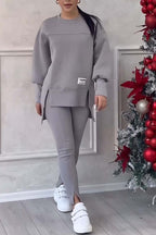 (SANS IMPRESSION AU DOS) Ensemble legging et sweat-shirt décontracté pour femme, col rond, manches longues, ourlet fendu, couleur unie