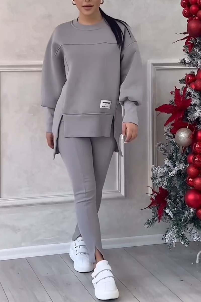(SANS IMPRESSION AU DOS) Ensemble legging et sweat-shirt décontracté pour femme, col rond, manches longues, ourlet fendu, couleur unie