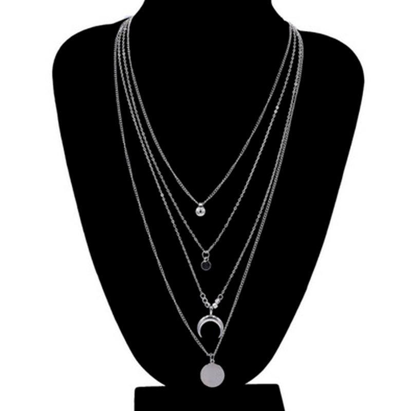 Collier pendentif multi-couches femme lune bohème doré argenté