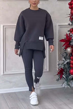 (SANS IMPRESSION AU DOS) Ensemble legging et sweat-shirt décontracté pour femme, col rond, manches longues, ourlet fendu, couleur unie