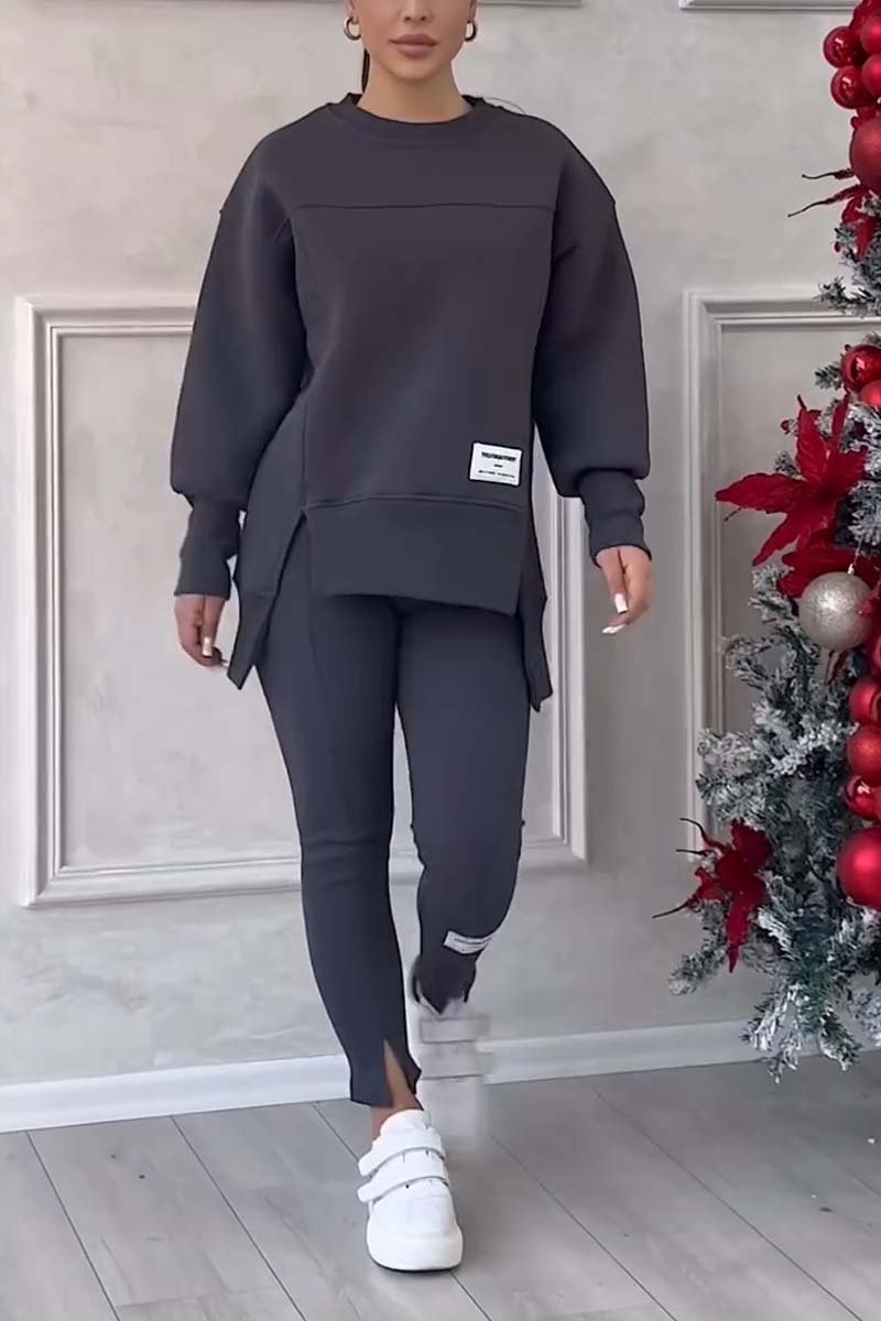 (SANS IMPRESSION AU DOS) Ensemble legging et sweat-shirt décontracté pour femme, col rond, manches longues, ourlet fendu, couleur unie