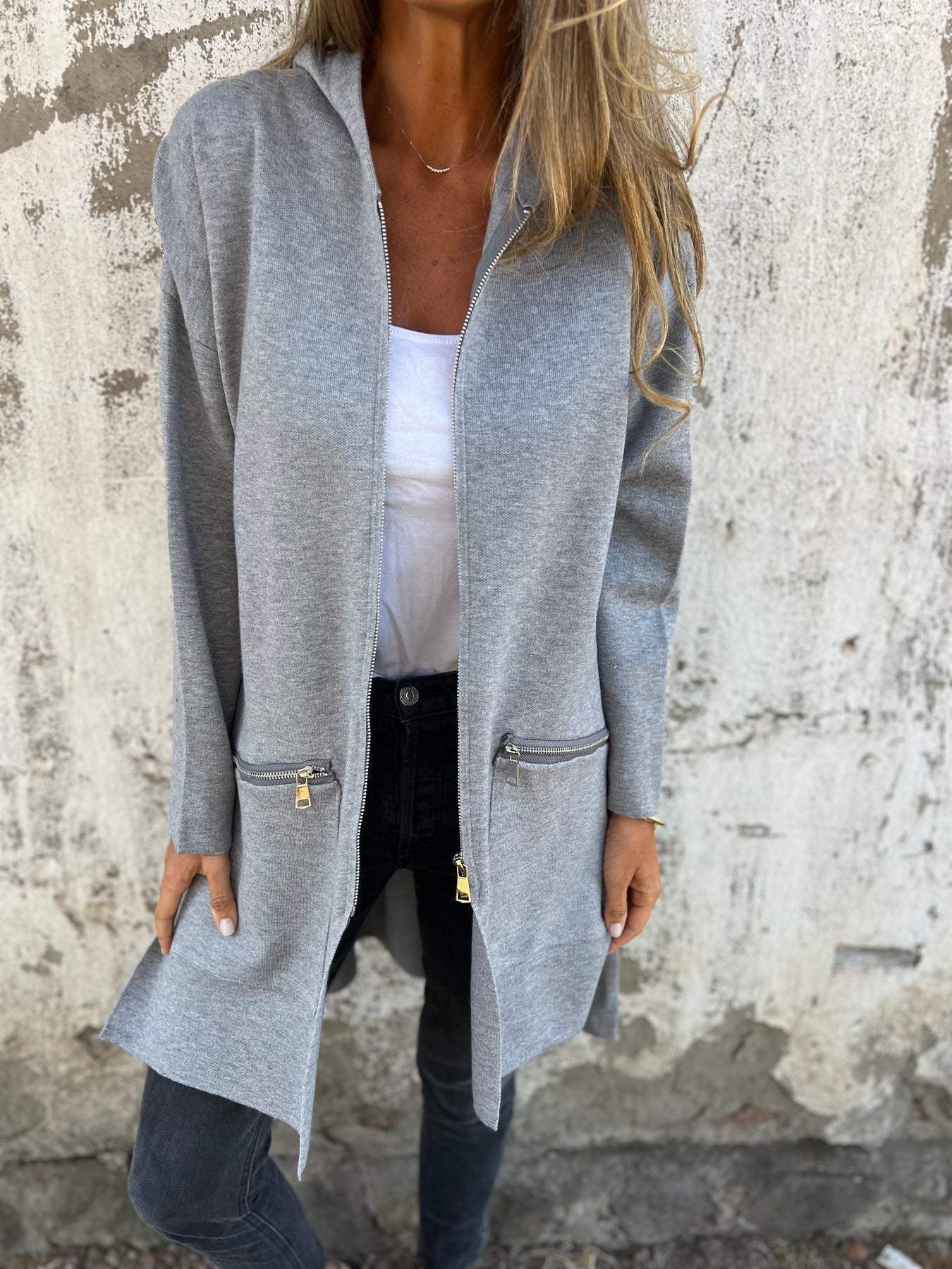 Blouson décontracté à col rond zippé et manches longues
