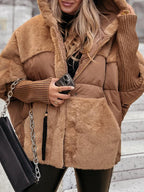 Manteau d'hiver décontracté à capuche et manches longues en patchwork de fourrure pour femmes
