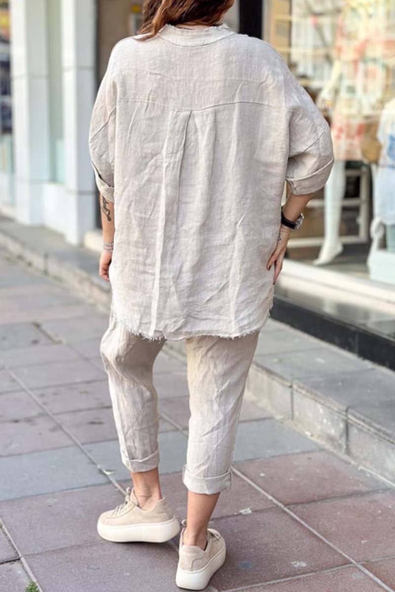 Ensemble décontracté femme : haut en coton et lin imprimé lettre + pantalon