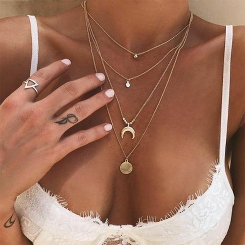 Collana da donna con ciondolo multistrato in stile Boho con luna, color oro e argento