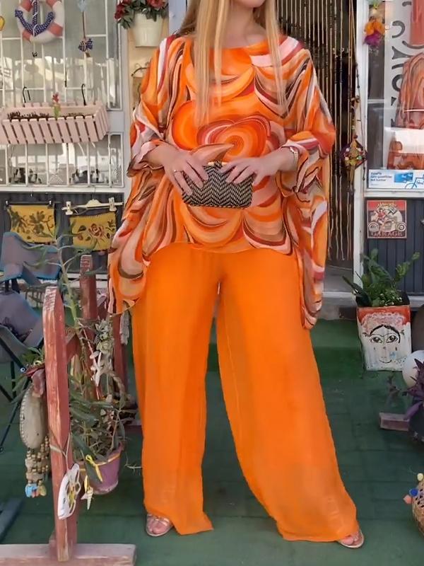 Ensemble Femme Coloré en Mousseline de Soie Été Décontracté Col Rond Imprimé Deux Pièces