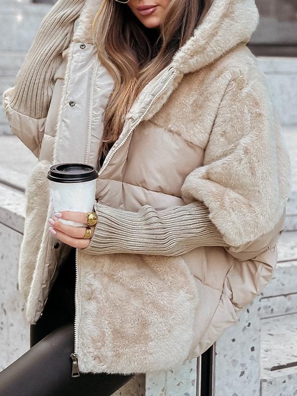 Manteau d'hiver décontracté à capuche et manches longues en patchwork de fourrure pour femmes