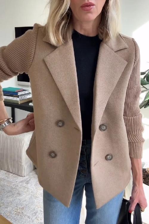 Manteau décontracté pour femme en tricot à patchwork et manches à revers boutonnés