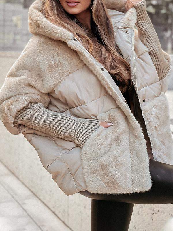 Manteau d'hiver décontracté à capuche et manches longues en patchwork de fourrure pour femmes