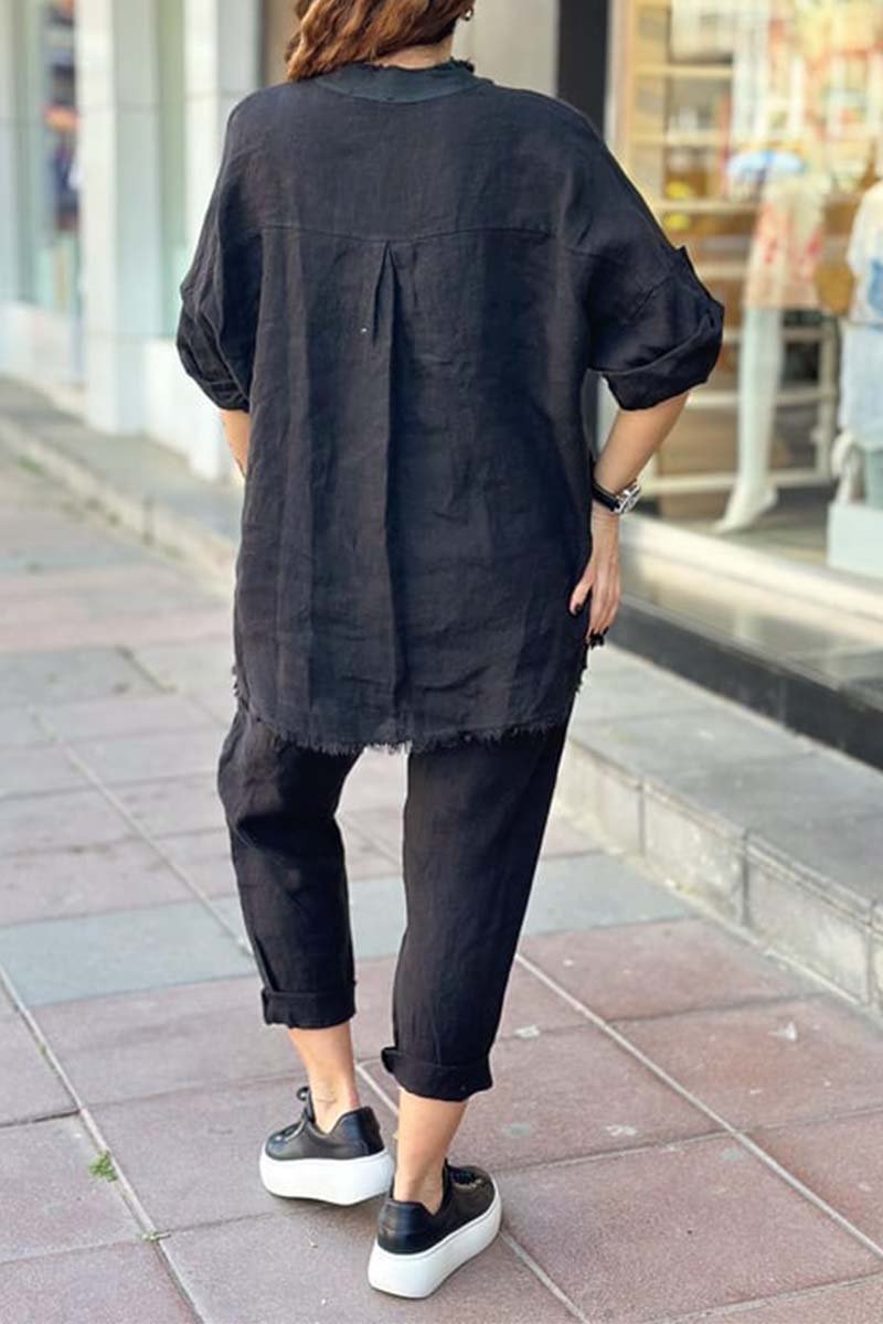 Ensemble décontracté femme : haut en coton et lin imprimé lettre + pantalon