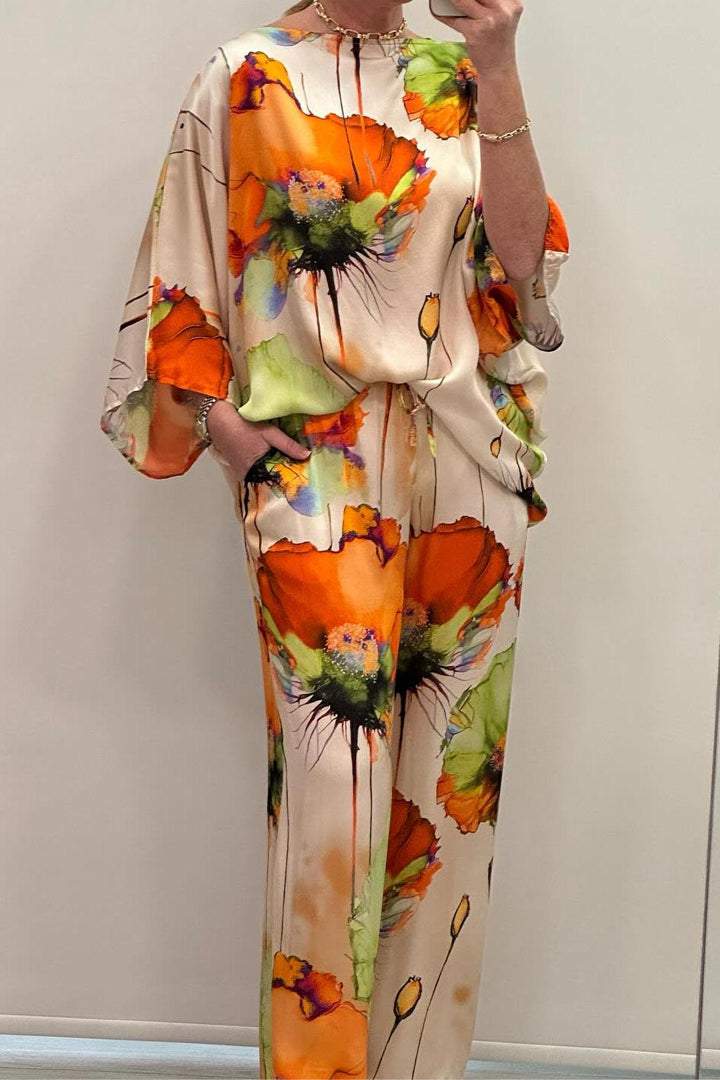 Ensemble décontracté en satin imprimé à col rond