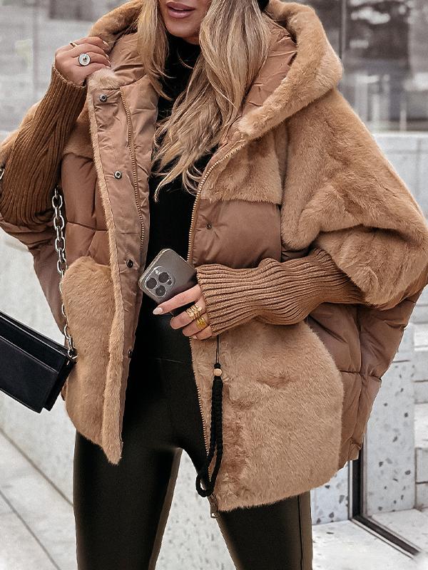 Manteau d'hiver décontracté à capuche et manches longues en patchwork de fourrure pour femmes