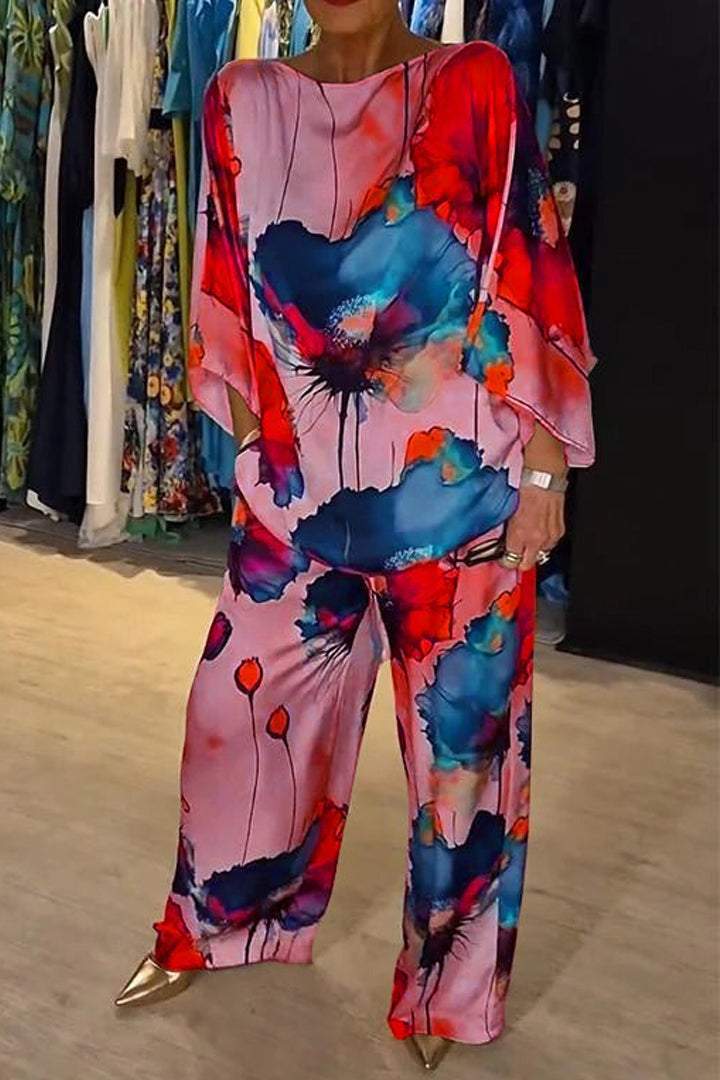 Ensemble décontracté en satin imprimé à col rond