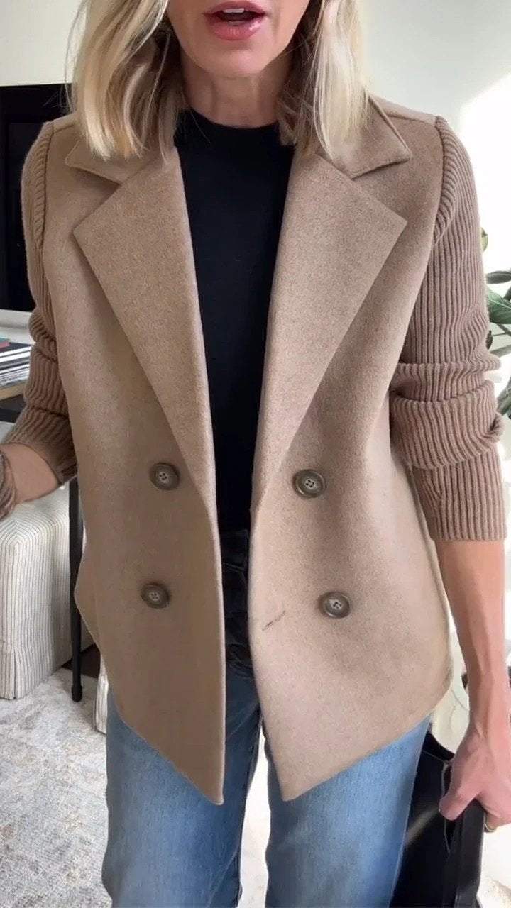 Manteau décontracté pour femme en tricot à patchwork et manches à revers boutonnés